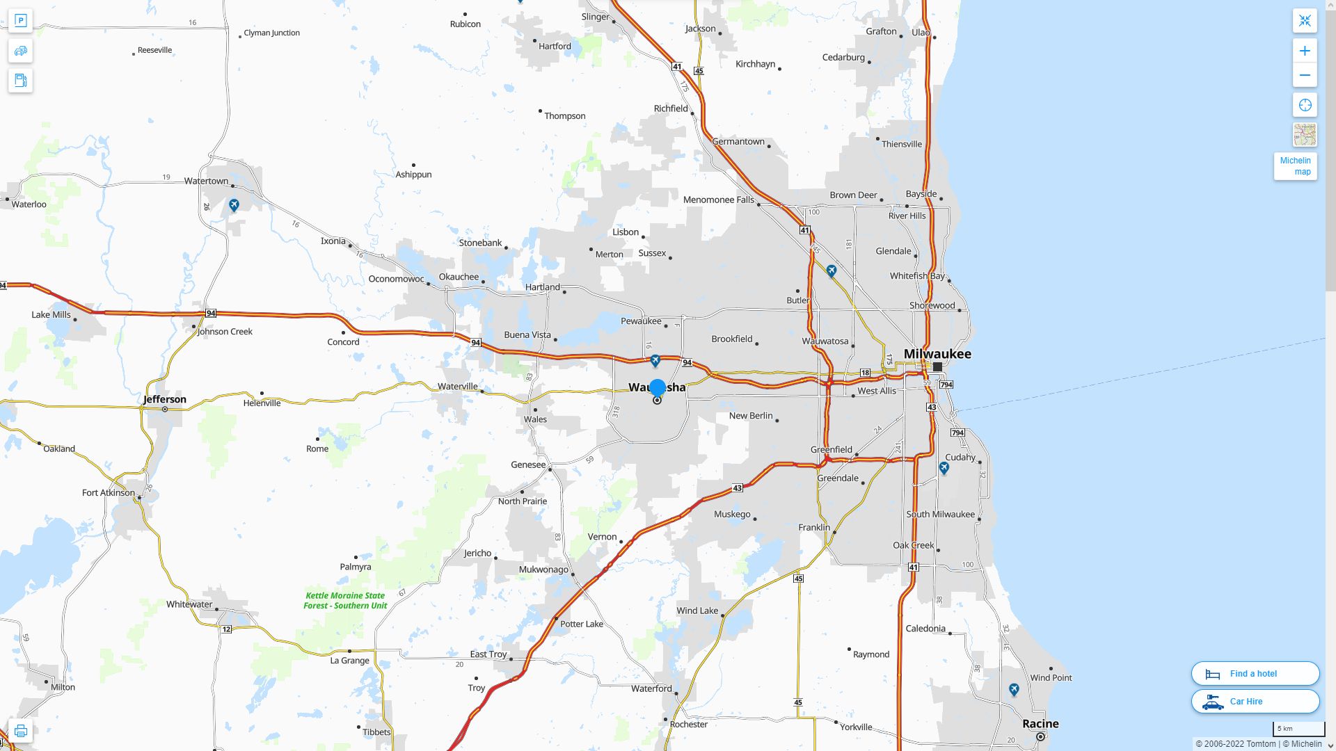 Waukesha Wisconsin Highway and Road Map